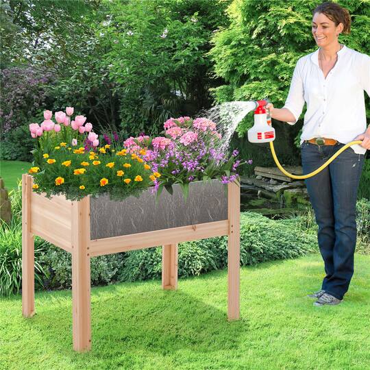 Costway Raised Wooden Garden Bed Elevated Planter Box Plant Terrarium with Drain Holes